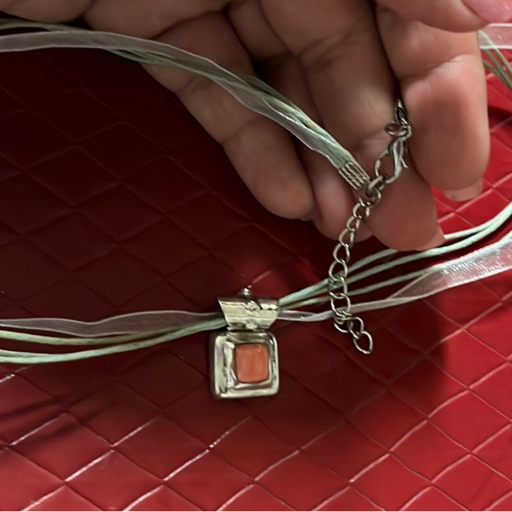 925 Sterling Silver Coral Pendant with lace choker vintage - Picture 5 of 5
